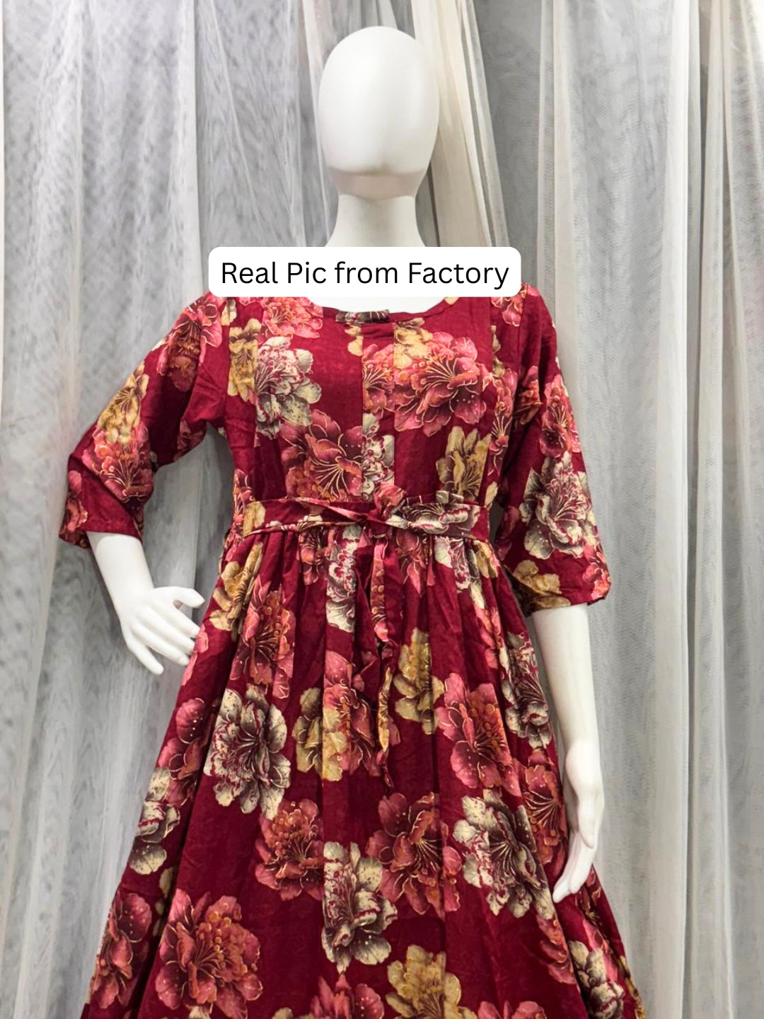 Gold & Cream Flower - Maroon - Maternity Kurti with Feeding Zips - Soft Rayon