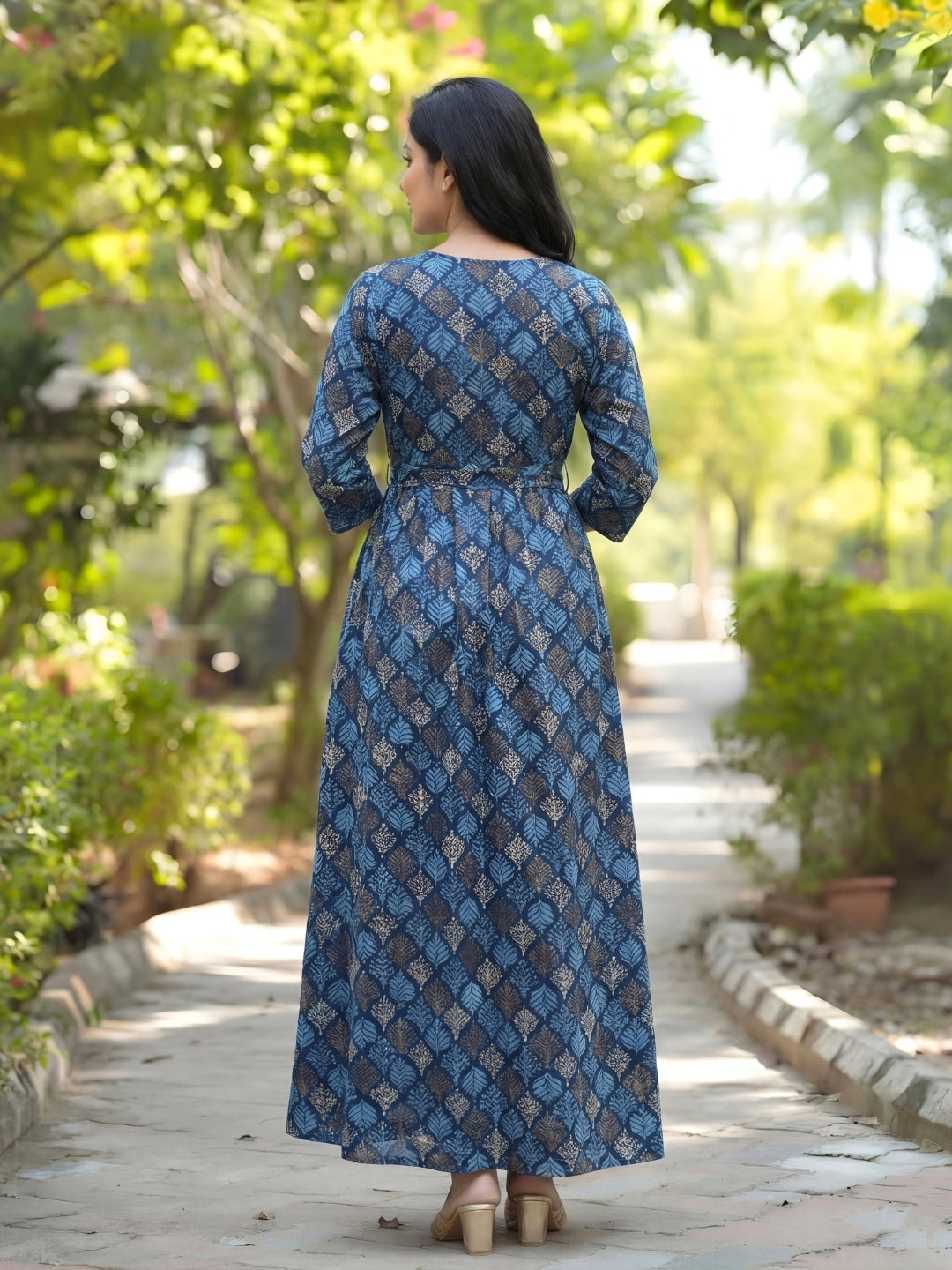 Blue & Sky Blue Shrub - Maternity Kurti with Feeding Zips - Soft Rayon