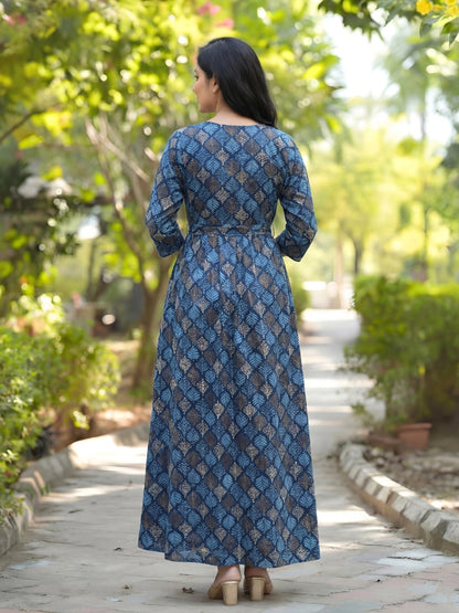 Blue & Sky Blue Shrub - Maternity Kurti with Feeding Zips - Soft Rayon