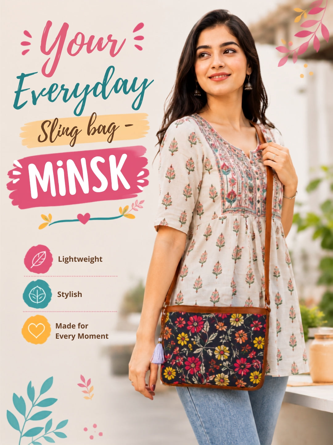 Minsk - 3 zip- Big size - Sling Bag - Blue Red Yellow Flower