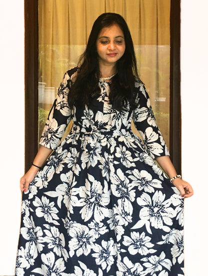 Hibiscus - Navy Blue - Maternity Kurti with Feeding Zips - Cotton Flex - Thicker Fabric