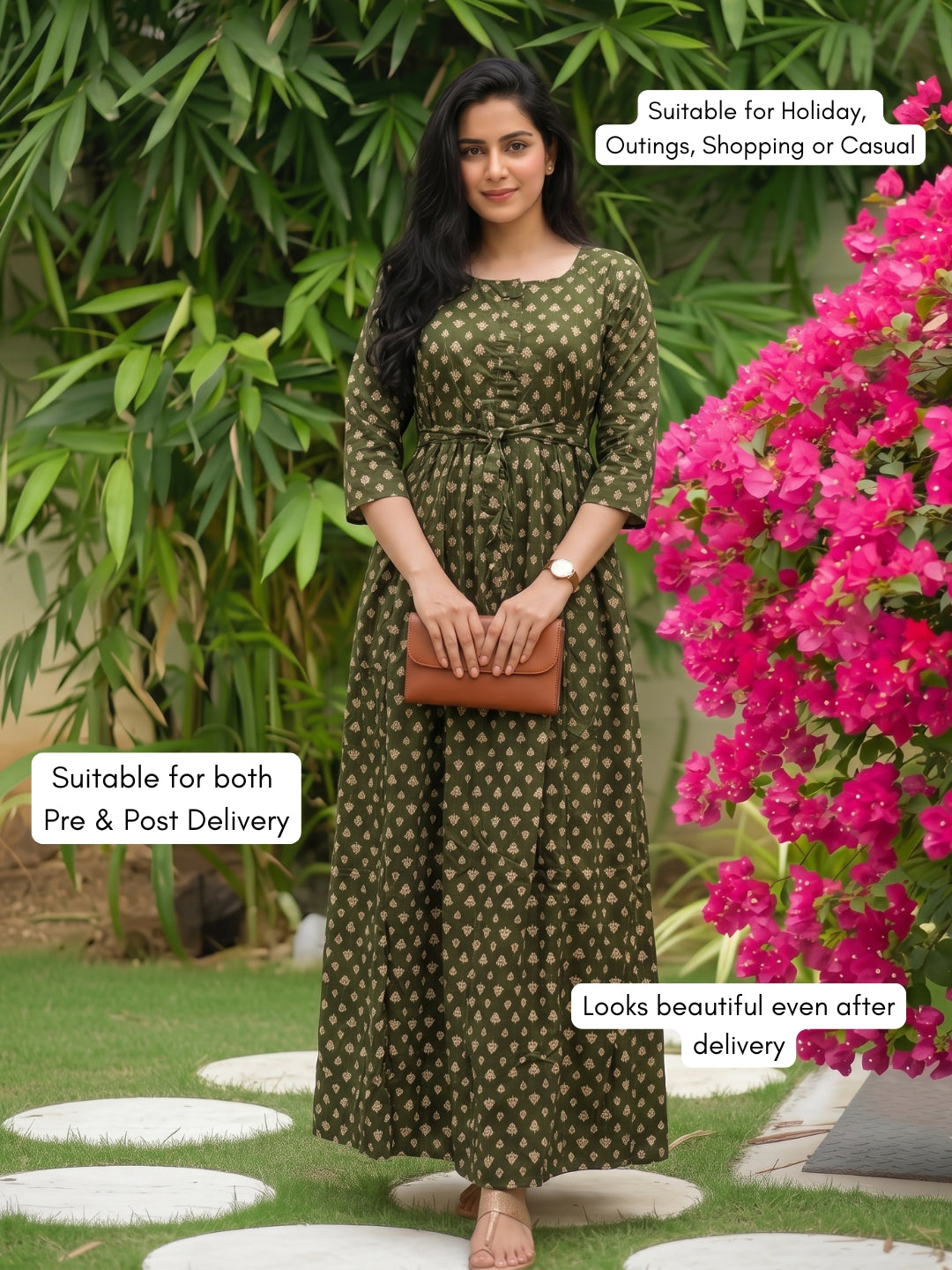 Amrapali Green - Maternity Dress with Feeding Zips - Soft Rayon