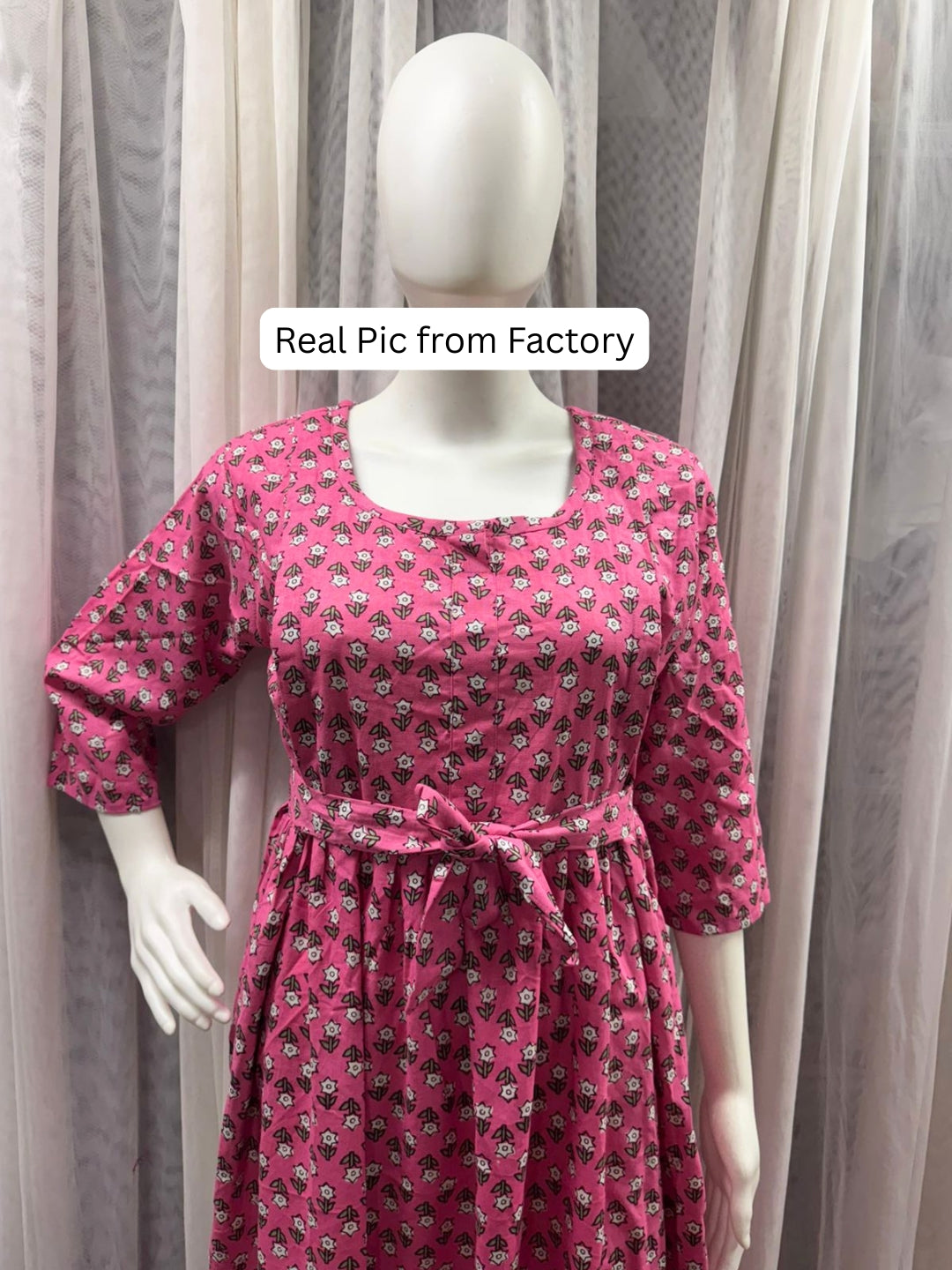 Pink Grey Flower - Maternity Dress with Feeding Zips - Pure Cotton
