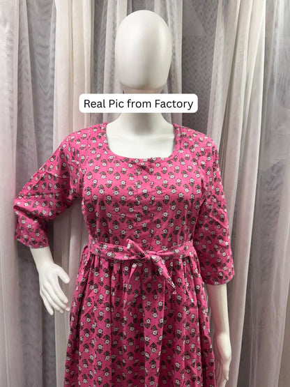 Pink Grey Flower - Maternity Dress with Feeding Zips - Pure Cotton