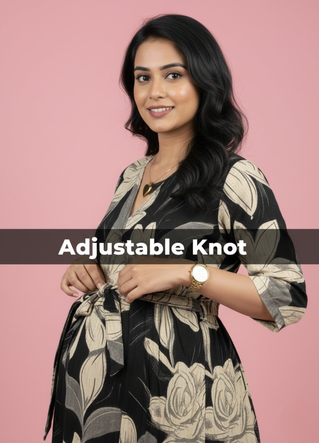 Black Cream Rose - Maternity Kurti with Feeding Zips - Soft Rayon