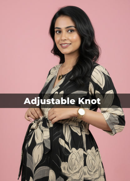 Black Cream Rose - Maternity Kurti with Feeding Zips - Soft Rayon
