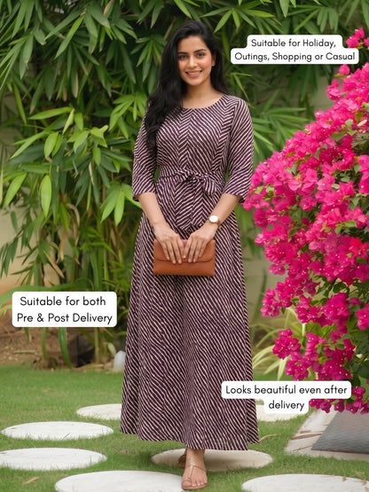 Lehriya - Brown - Maternity Dress with Feeding Zips - Soft Rayon