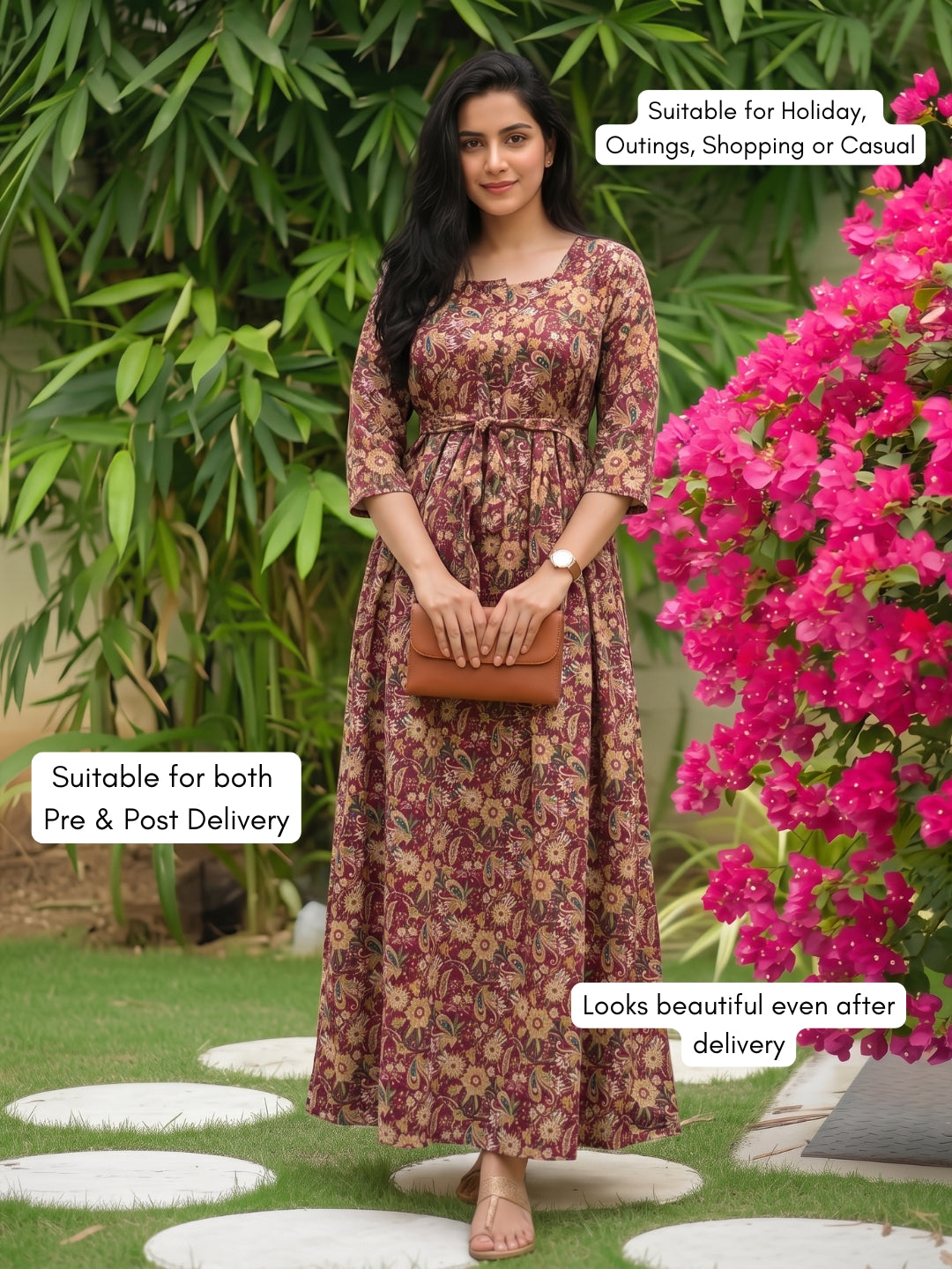 Gulmohar - Maroon - Maternity Dress with Feeding Zips - Pure Cotton