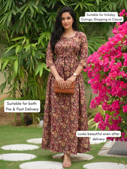 Gulmohar - Maroon - Maternity Dress with Feeding Zips - Pure Cotton