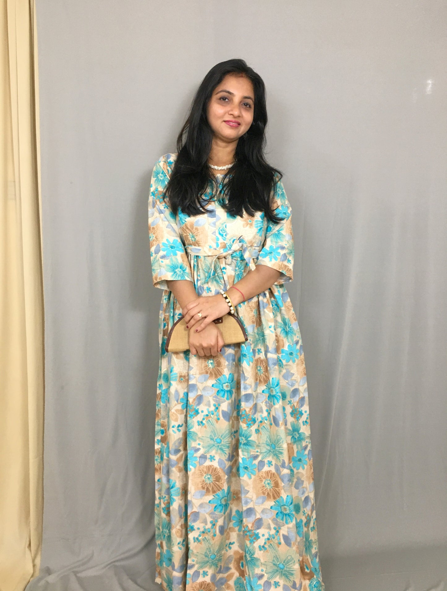 Daisy Sea Green & Brown - Maternity Kurti with Feeding Zips - Cotton Flex - Thicker Fabric