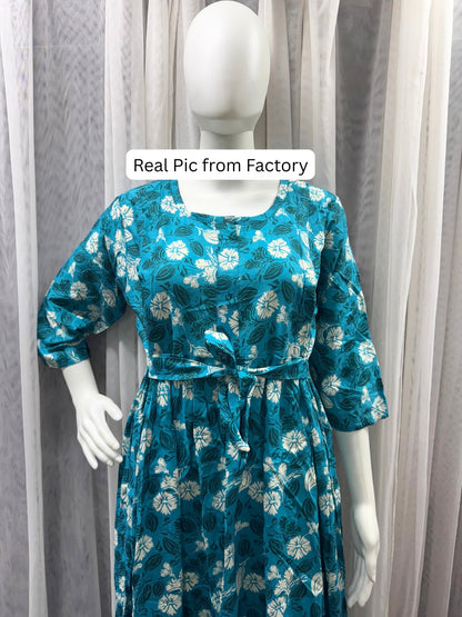 White Flower - Sea Blue - Maternity Kurti with Feeding Zips - Soft Rayon