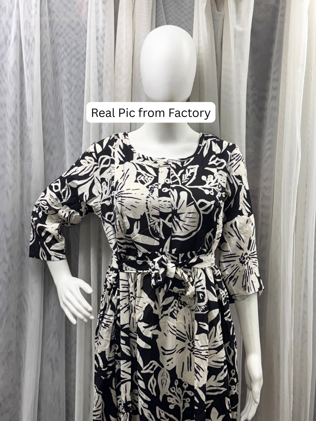 Hibiscus - Black White - Maternity Kurti with Feeding Zips - Soft Rayon
