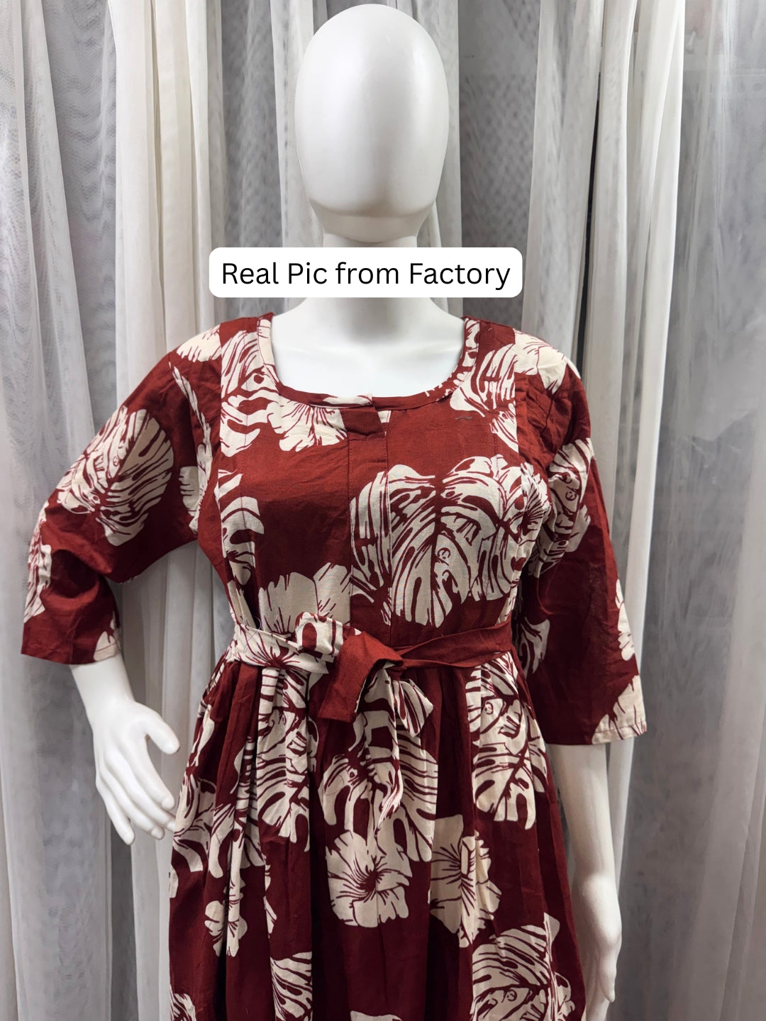 Swiss Cheese - Maroon - Maternity Dress with Feeding Zips - Pure Cotton
