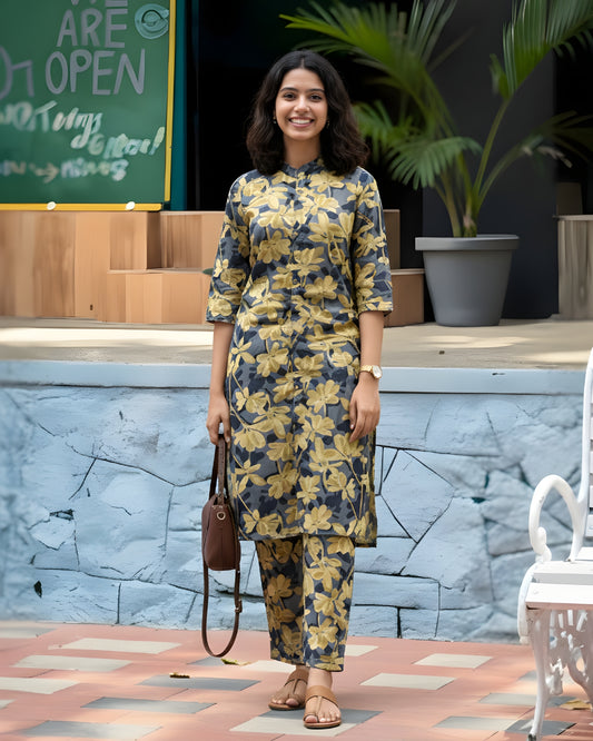 Knee Length - Blue Cream Jasmine - Cord Sets - Soft Rayon