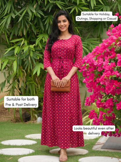 Kairavi - Pink - Maternity Dress with Feeding Zips - Soft Rayon