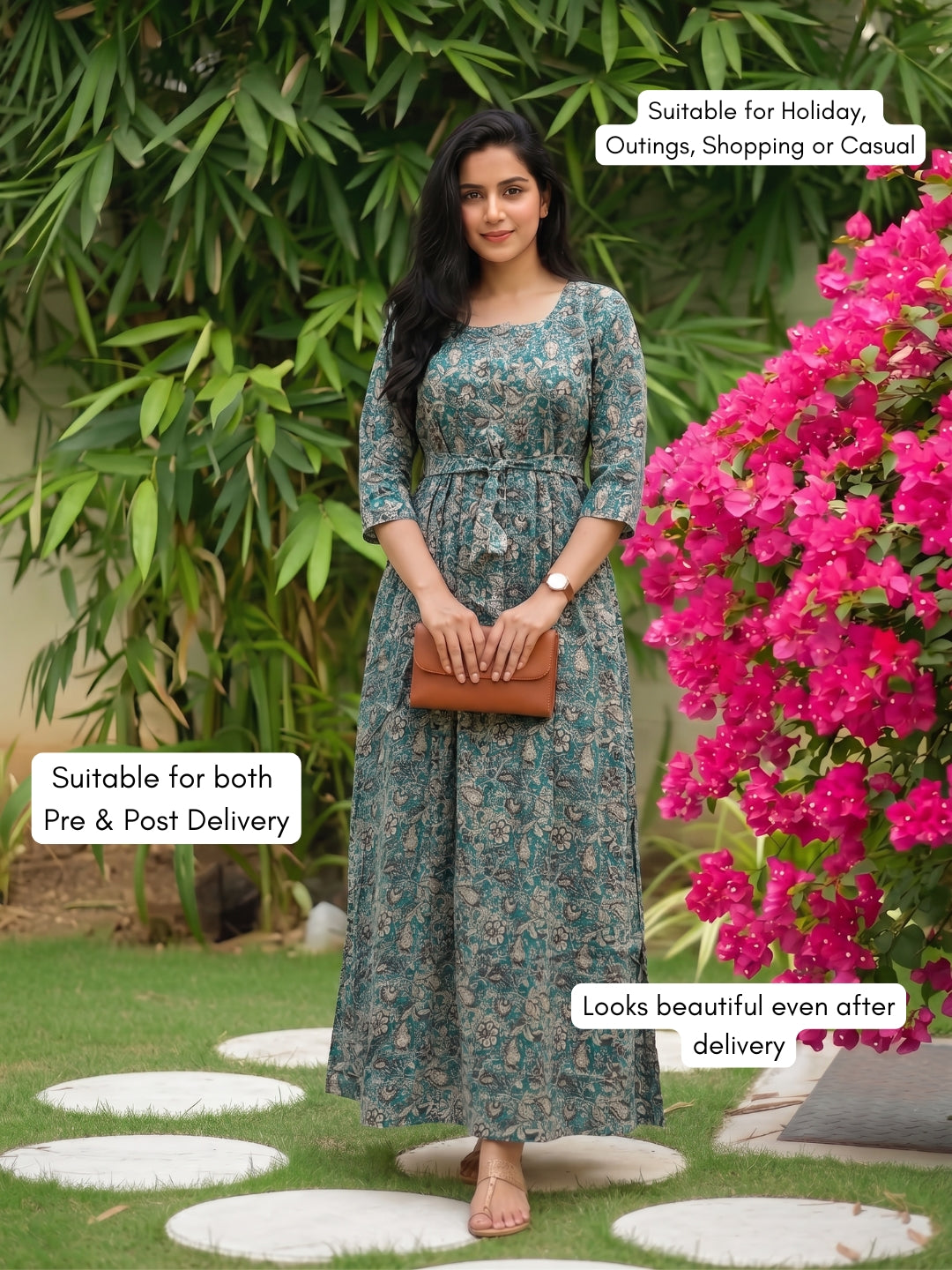 Green Grey Forrest - Maternity Dress with Feeding Zips - Pure Cotton