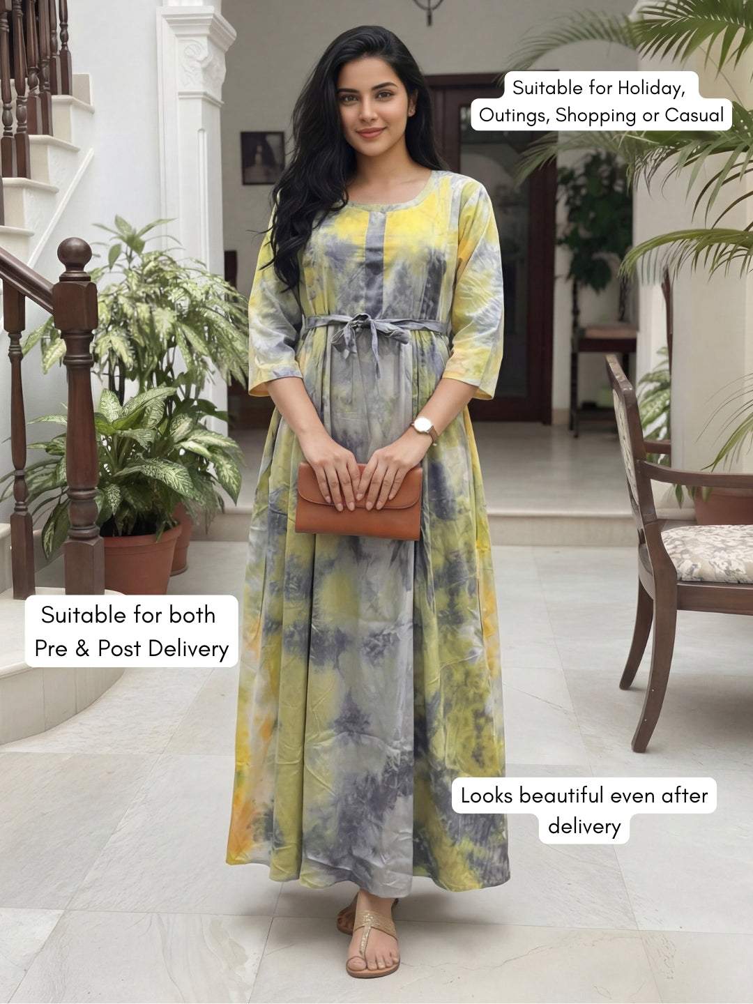 Tye Dye - Grey Green - Maternity Kurti with Feeding Zips - Soft Rayon