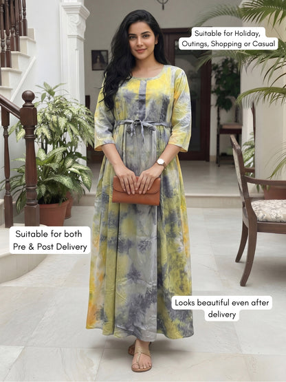 Tye Dye - Grey Green - Maternity Kurti with Feeding Zips - Soft Rayon