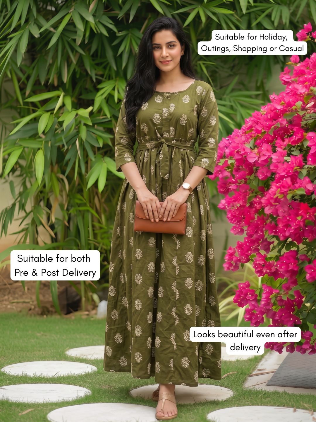 Rustic Flower - Green - Maternity Dress with Feeding Zips - Pure Cotton