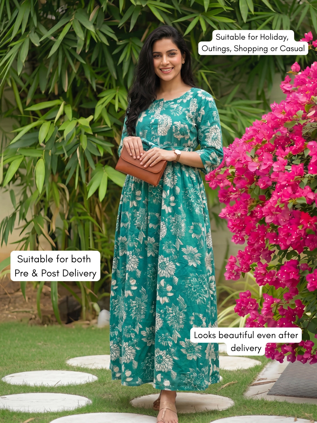 Marigold Sea Blue - Maternity Dress with Feeding Zips - Pure Cotton