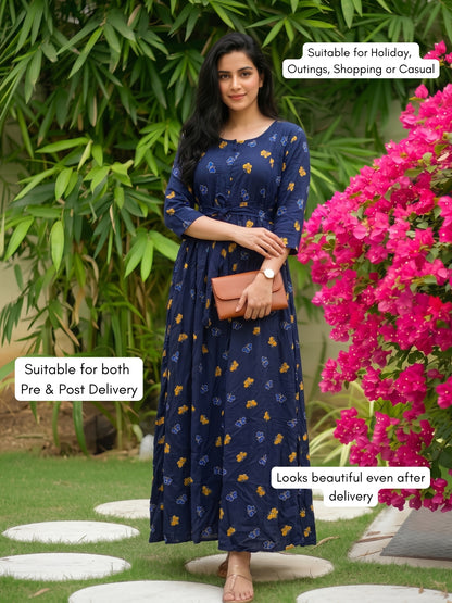 Blue Butterfly - Maternity Dress with Feeding Zips - Soft Rayon