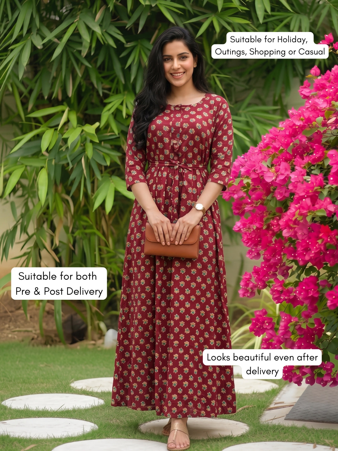 Curly Rose - Red - Maternity Dress with Feeding Zips - Soft Rayon