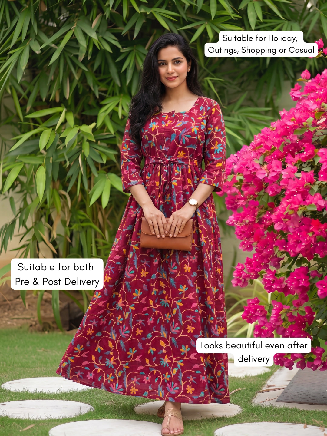 Red Daisy - Maternity Kurti with Feeding Zips - Pure Cotton