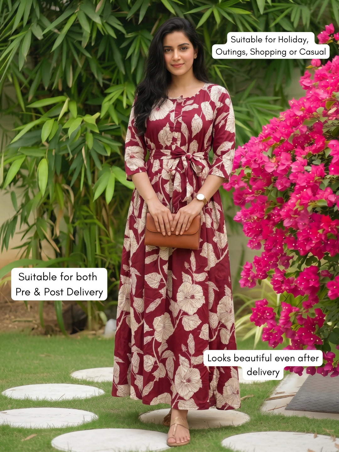 Hibiscus Maroon White - Maternity Dress with Feeding Zips - Soft Rayon