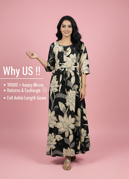 Black Cream Rose - Maternity Kurti with Feeding Zips - Soft Rayon