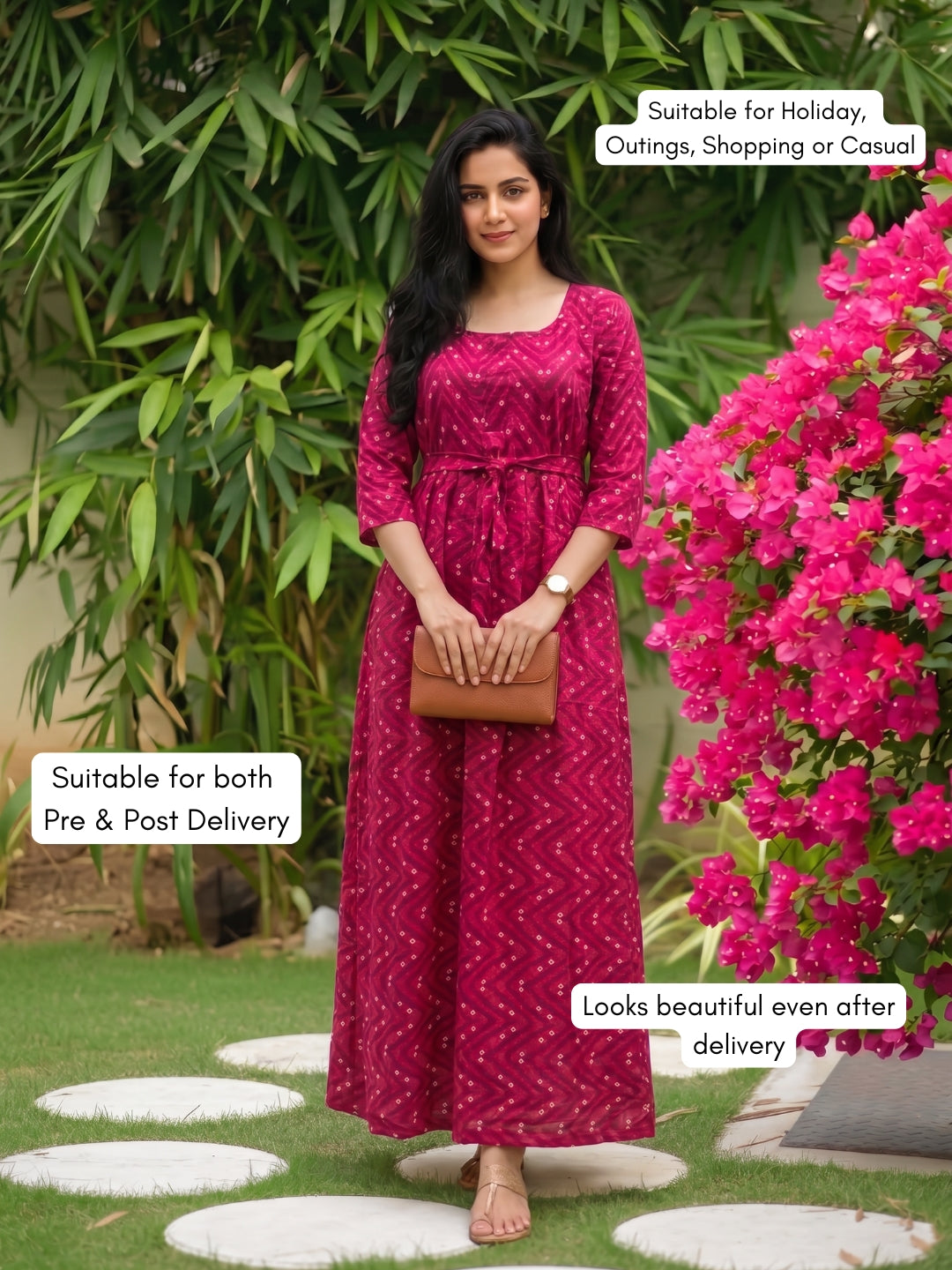 Raani ZigZag Bandhani- Maternity Dress with Feeding Zips - Soft Rayon