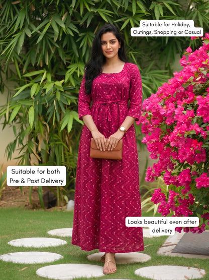 Raani ZigZag Bandhani- Maternity Dress with Feeding Zips - Soft Rayon