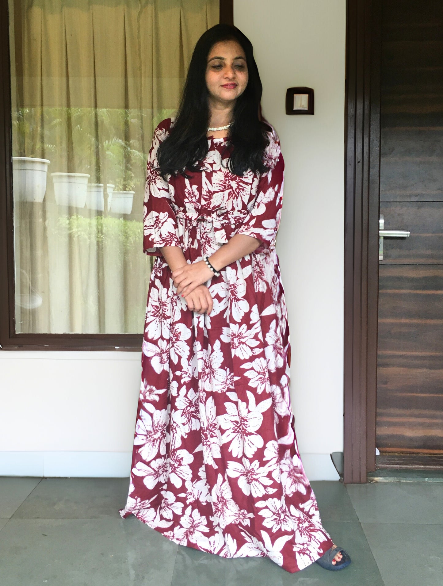 Hibiscus - Maroon - Maternity Kurti with Feeding Zips - Cotton Flex - Thicker Fabric