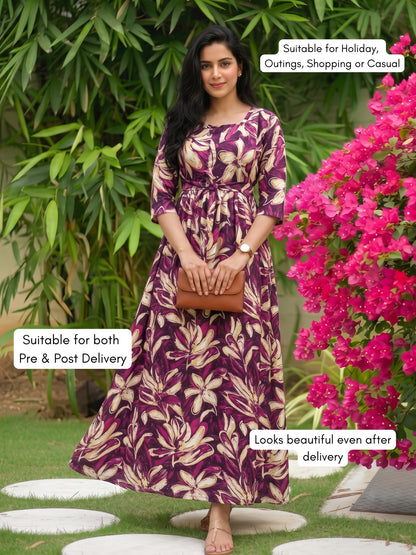 Jasmine Purple - Maternity Dress with Feeding Zips - Soft Rayon