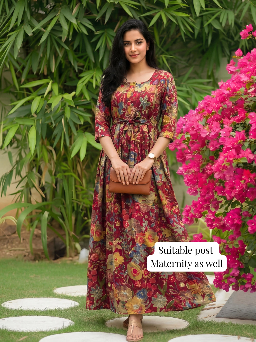 Maroon Grey Flower - Maternity Kurti with Feeding Zips - Soft Rayon