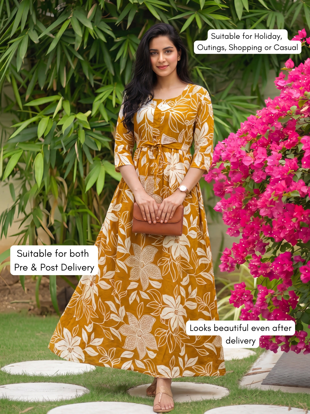 Lily Yellow - Maternity Dress with Feeding Zips - Soft Rayon