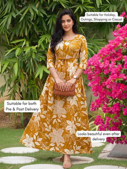 Lily Yellow - Maternity Dress with Feeding Zips - Soft Rayon