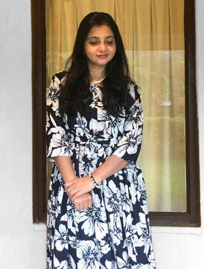 Hibiscus - Navy Blue - Maternity Kurti with Feeding Zips - Cotton Flex - Thicker Fabric