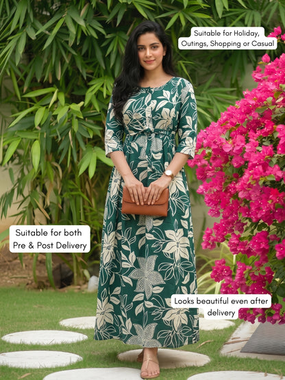 Lily Flower Sea Green - Maternity Kurti with Feeding Zips - Soft Rayon