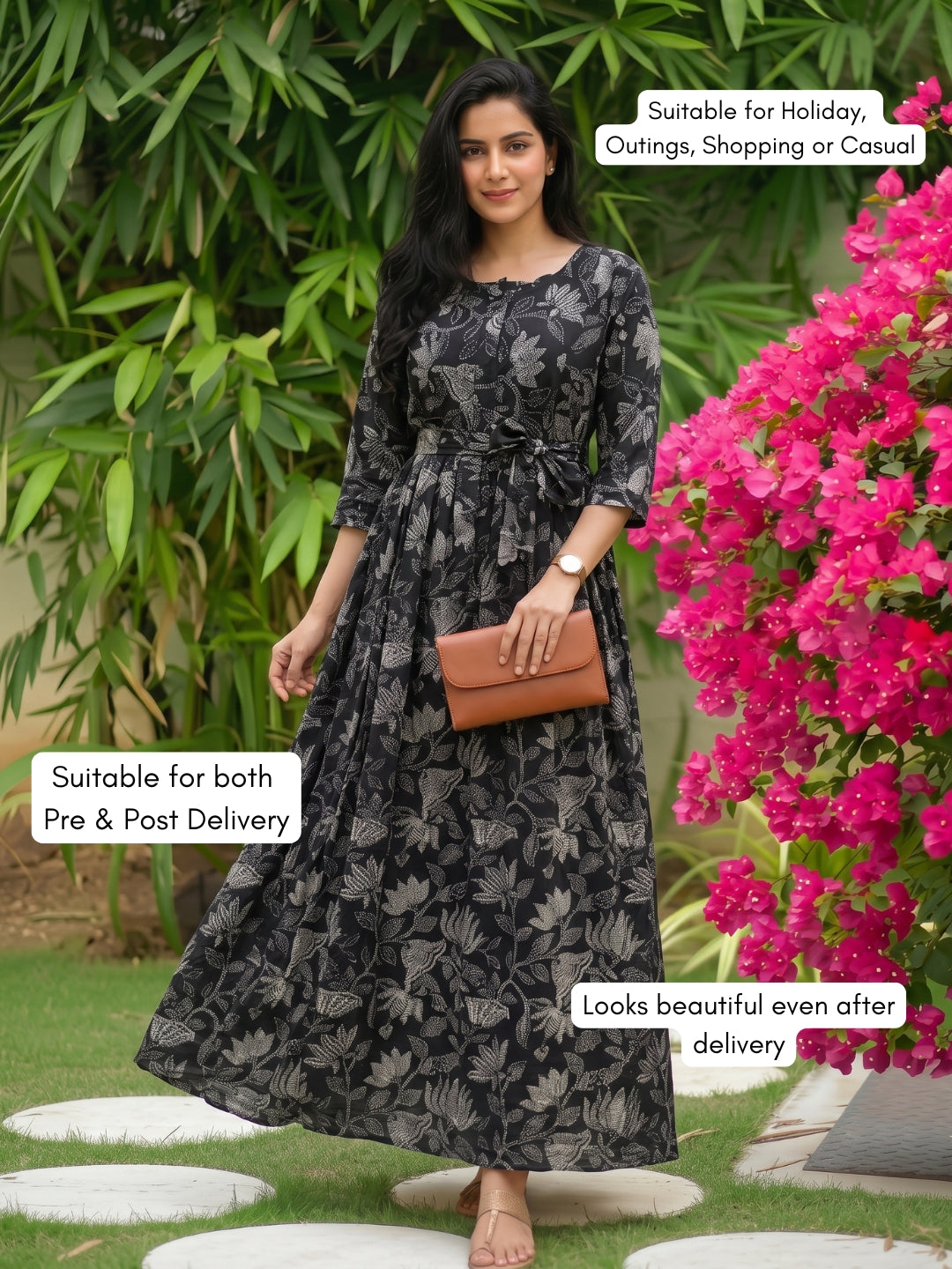 Black Lotus - Maternity Dress with Feeding Zips - Soft Rayon