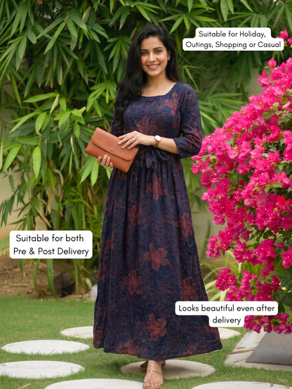 Hibiscus Blue Pink - Maternity Dress with Feeding Zips - Soft Rayon
