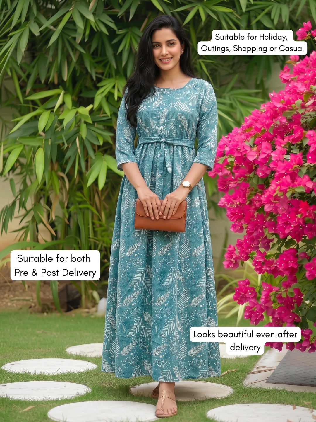 Tropical Forrest - Turqoiuse - Maternity Dress with Feeding Zips - Soft Rayon