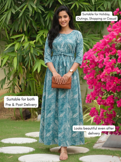 Tropical Forrest - Turqoiuse - Maternity Dress with Feeding Zips - Soft Rayon