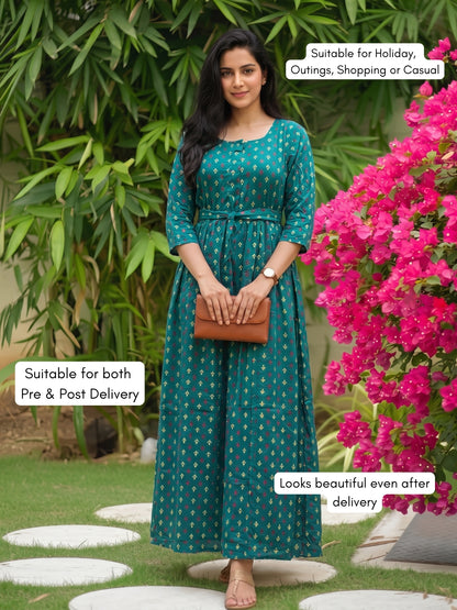 Kairavi - Sea Green - Maternity Dress with Feeding Zips - Soft Rayon