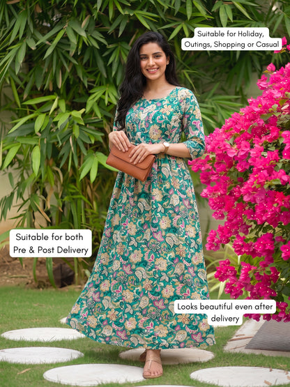 Sea Green Garden - Maternity Dress with Feeding Zips - Soft Rayon