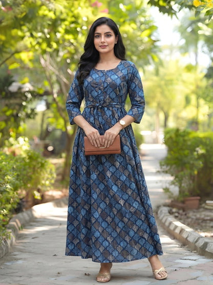 Blue & Sky Blue Shrub - Maternity Kurti with Feeding Zips - Soft Rayon