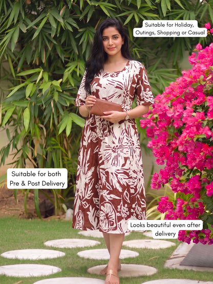 Hibiscus Brown - Knee Length Maternity Dress with Feeding Zips - Soft Rayon