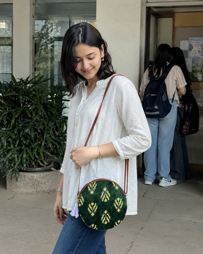 Green Cream Leaves - Cute Round Sling bag