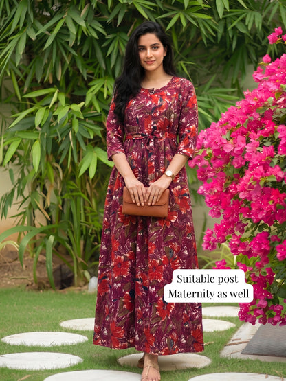 Floral - Wine - Maternity Kurti with Feeding Zips - Soft Rayon