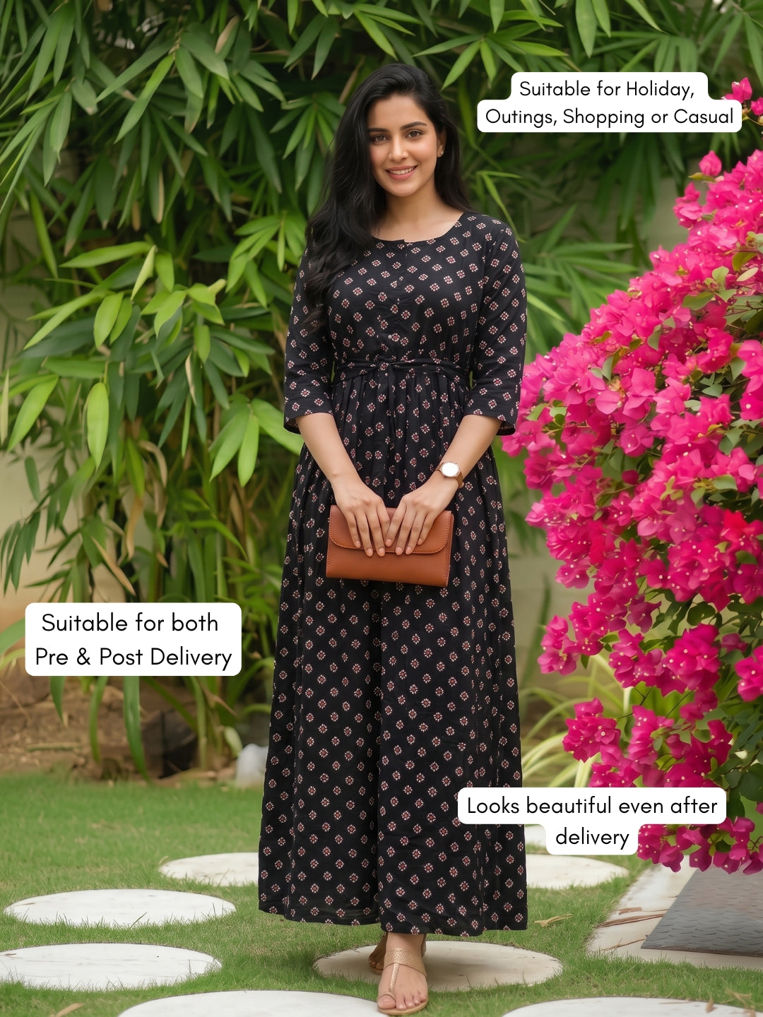 Black Red - Maternity Dress with Feeding Zips - Soft Rayon