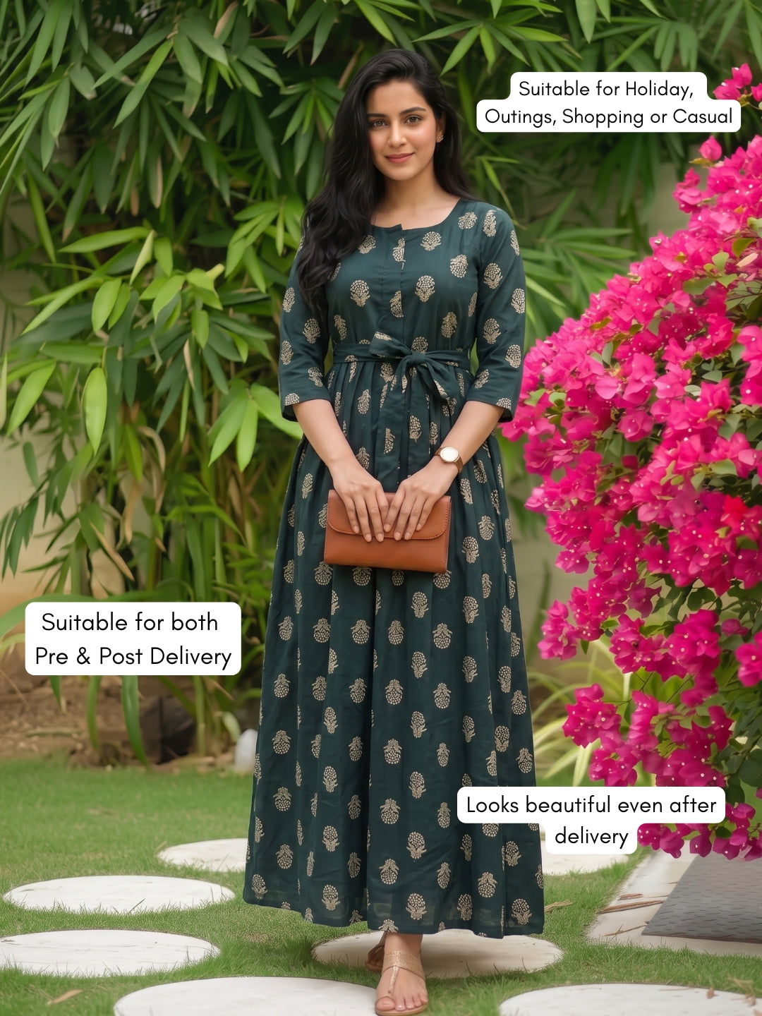 Rustic Flower - Blue - Maternity Dress with Feeding Zips - Pure Cotton